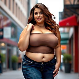 A very voluptuous woman with brown hair, displaying a prominent bust and hips, wearing tight jeans and a short sheer top facing the camera