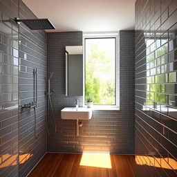 A narrow bathroom with a large window allowing sunlight to flood into the space