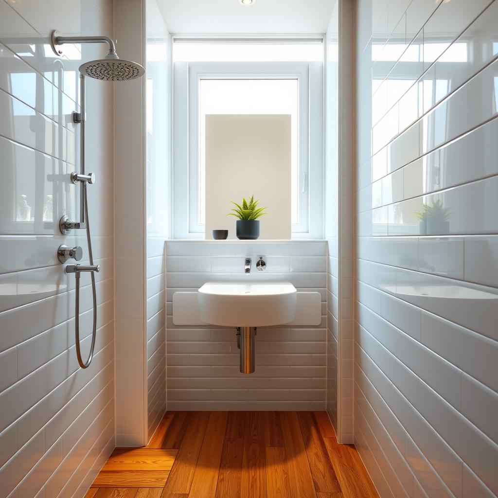 A narrow bathroom with a large window allowing sunlight to flood into the space