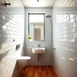 A narrow bathroom with a large window allowing sunlight to flood into the space