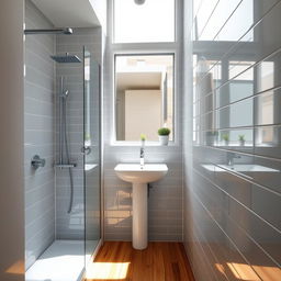 A narrow bathroom with a large window allowing sunlight to flood into the space