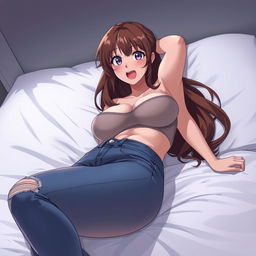 An anime-style depiction of a very voluptuous woman with brown hair, featuring a prominent bust and hips