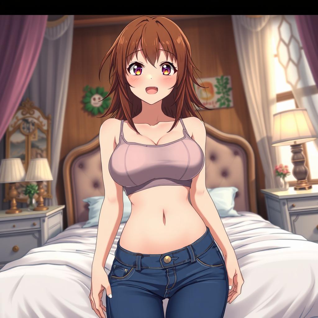 An anime-style depiction featuring a woman of very large size with brown hair, showcasing a prominent bust and hips