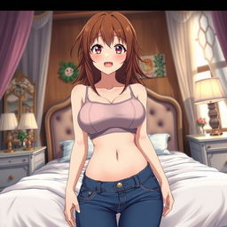 An anime-style depiction featuring a woman of very large size with brown hair, showcasing a prominent bust and hips