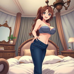 An anime-style depiction featuring a woman of very large size with brown hair, showcasing a prominent bust and hips