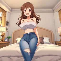 An anime-style depiction featuring a woman of very large size with brown hair, showcasing a prominent bust and hips