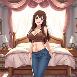 An anime-style depiction featuring a woman of very large size with brown hair, showcasing a prominent bust and hips