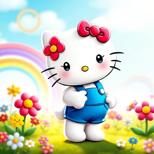 A delightful and cute Hello Kitty character, dressed in her iconic blue overalls and red bow, standing in a playful pose, surrounded by colorful flowers and rainbows