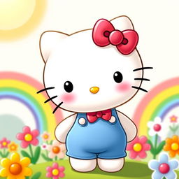 A delightful and cute Hello Kitty character, dressed in her iconic blue overalls and red bow, standing in a playful pose, surrounded by colorful flowers and rainbows