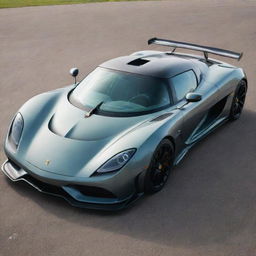 A unique sports car that blends the intricate design and extreme speed details of a Koenigsegg with the lightweight, nimble aesthetics of a Lotus.