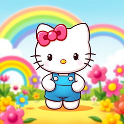 A delightful and cute Hello Kitty character, dressed in her iconic blue overalls and red bow, standing in a playful pose, surrounded by colorful flowers and rainbows