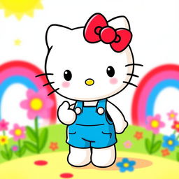 A delightful and cute Hello Kitty character, dressed in her iconic blue overalls and red bow, standing in a playful pose, surrounded by colorful flowers and rainbows