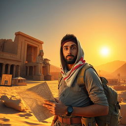 A Tunisian adventurer is depicted embarking on an exciting journey to uncover his grandfather's treasure located in Luxor, Egypt