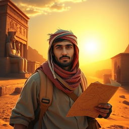 A Tunisian adventurer is depicted embarking on an exciting journey to uncover his grandfather's treasure located in Luxor, Egypt