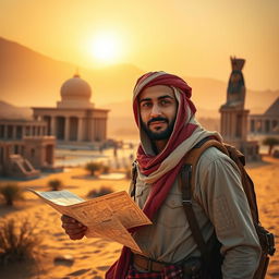 A Tunisian adventurer is depicted embarking on an exciting journey to uncover his grandfather's treasure located in Luxor, Egypt