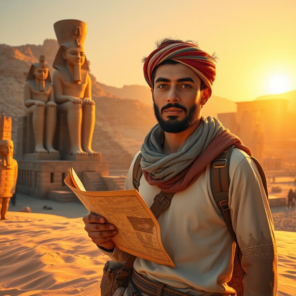 A Tunisian adventurer is depicted embarking on an exciting journey to uncover his grandfather's treasure located in Luxor, Egypt