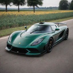 A unique sports car that blends the intricate design and extreme speed details of a Koenigsegg with the lightweight, nimble aesthetics of a Lotus.