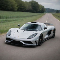 A unique sports car that blends the intricate design and extreme speed details of a Koenigsegg with the lightweight, nimble aesthetics of a Lotus.