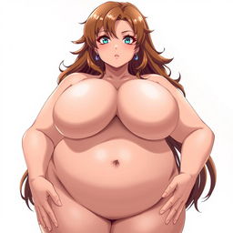 An anime-style depiction of a very voluptuous woman with brown hair, featuring a prominent bust and hips