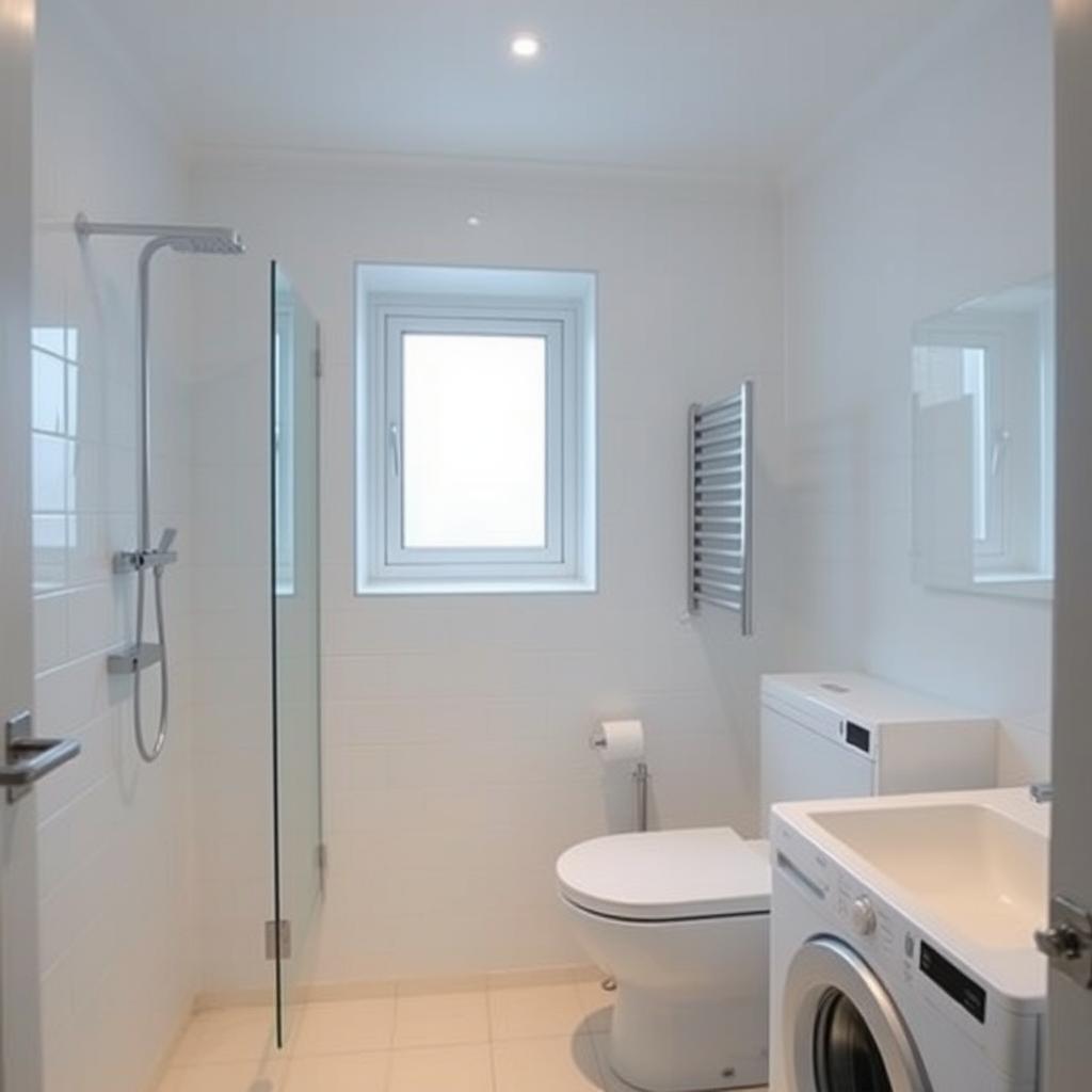 rectangular bathroom with window on the far wall from the entrance, shower to the left of the window, toilet to the right of the window, wall-mounted sink extending from the toilet along the wall, washing machine extending from the shower along the wall, modern design, soft lighting, white tiles, chrome fixtures, sleek and minimalist decor