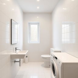 rectangular bathroom with window on the far wall from the entrance, shower to the left of the window, toilet to the right of the window, wall-mounted sink extending from the toilet along the wall, washing machine extending from the shower along the wall, modern design, soft lighting, white tiles, chrome fixtures, sleek and minimalist decor