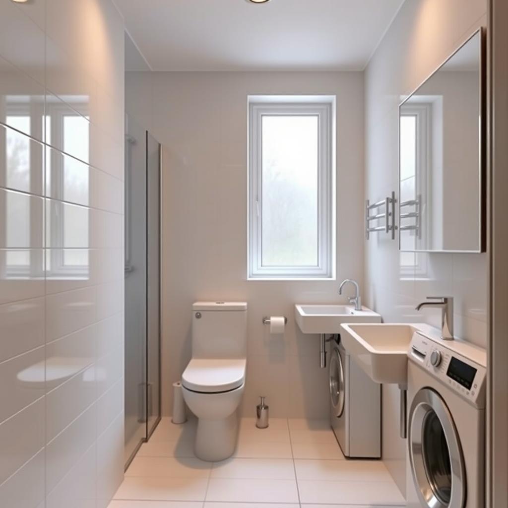 rectangular bathroom with window on the far wall from the entrance, shower to the left of the window, toilet to the right of the window, wall-mounted sink extending from the toilet along the wall, washing machine extending from the shower along the wall, modern design, soft lighting, white tiles, chrome fixtures, sleek and minimalist decor