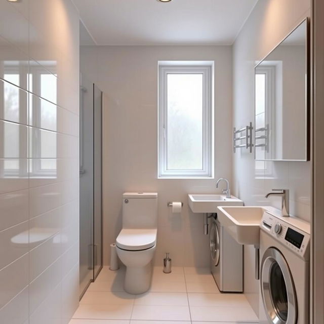 rectangular bathroom with window on the far wall from the entrance, shower to the left of the window, toilet to the right of the window, wall-mounted sink extending from the toilet along the wall, washing machine extending from the shower along the wall, modern design, soft lighting, white tiles, chrome fixtures, sleek and minimalist decor