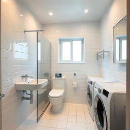 rectangular bathroom with window on the far wall from the entrance, shower to the left of the window, toilet to the right of the window, wall-mounted sink extending from the toilet along the wall, washing machine extending from the shower along the wall, modern design, soft lighting, white tiles, chrome fixtures, sleek and minimalist decor