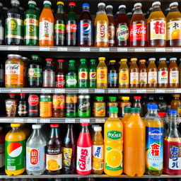 A vibrant and colorful bodega shelf meticulously stocked with a diverse variety of sodas and juices from the United States and Japan