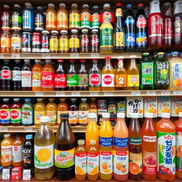 A vibrant and colorful bodega shelf meticulously stocked with a diverse variety of sodas and juices from the United States and Japan