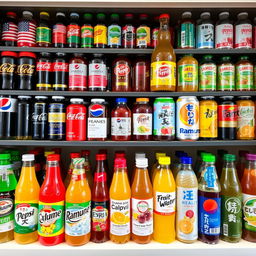 A vibrant and colorful bodega shelf meticulously stocked with a diverse variety of sodas and juices from the United States and Japan