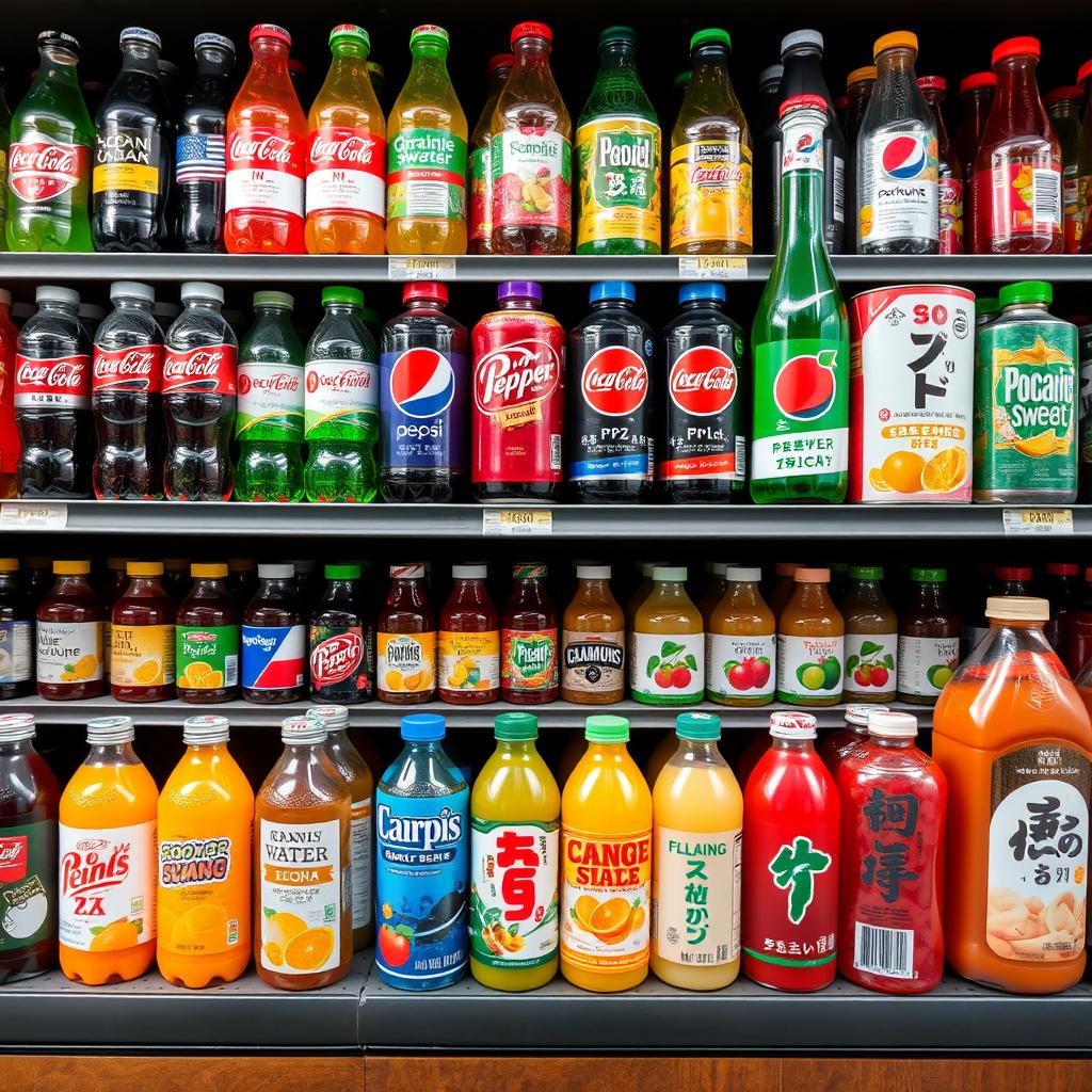 A vibrant and colorful bodega shelf meticulously stocked with a diverse variety of sodas and juices from the United States and Japan