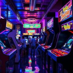 a vibrant, nostalgic scene featuring classic arcade cabinet designs with bold, eye-catching colors and dynamic graphics typical of early 90s games