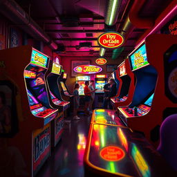 a vibrant, nostalgic scene featuring classic arcade cabinet designs with bold, eye-catching colors and dynamic graphics typical of early 90s games