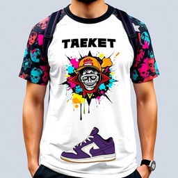 A trendy and contemporary T-shirt design featuring bold graphic elements, vibrant colors, and an eye-catching illustration