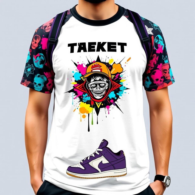 A trendy and contemporary T-shirt design featuring bold graphic elements, vibrant colors, and an eye-catching illustration