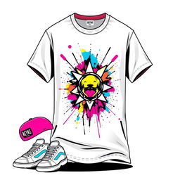 A trendy and contemporary T-shirt design featuring bold graphic elements, vibrant colors, and an eye-catching illustration