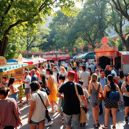 a group of diverse people enjoying a colorful and vibrant festival in an urban park, featuring food stalls, live music, and decorative lighting