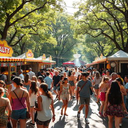 a group of diverse people enjoying a colorful and vibrant festival in an urban park, featuring food stalls, live music, and decorative lighting