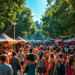 a group of diverse people enjoying a colorful and vibrant festival in an urban park, featuring food stalls, live music, and decorative lighting