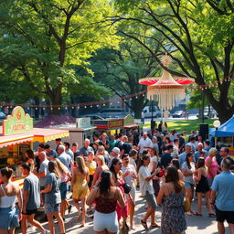 a group of diverse people enjoying a colorful and vibrant festival in an urban park, featuring food stalls, live music, and decorative lighting