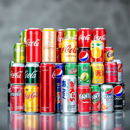 A stylish and captivating display featuring a diverse collection of Coca-Cola cans in various flavors like cherry, vanilla, and lime, each with its unique branding and vibrant colors