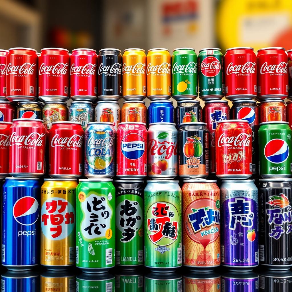 A stylish and captivating display featuring a diverse collection of Coca-Cola cans in various flavors like cherry, vanilla, and lime, each with its unique branding and vibrant colors