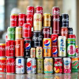 A stylish and captivating display featuring a diverse collection of Coca-Cola cans in various flavors like cherry, vanilla, and lime, each with its unique branding and vibrant colors