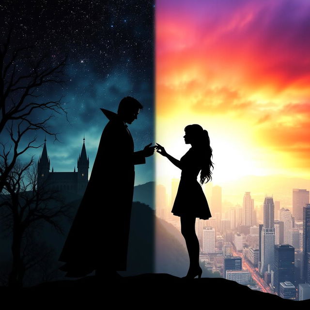 A split background with the left side depicting the world of vampires, featuring a dark and mysterious atmosphere with a starry night sky, an ancient castle in the distance, and eerie leafless trees