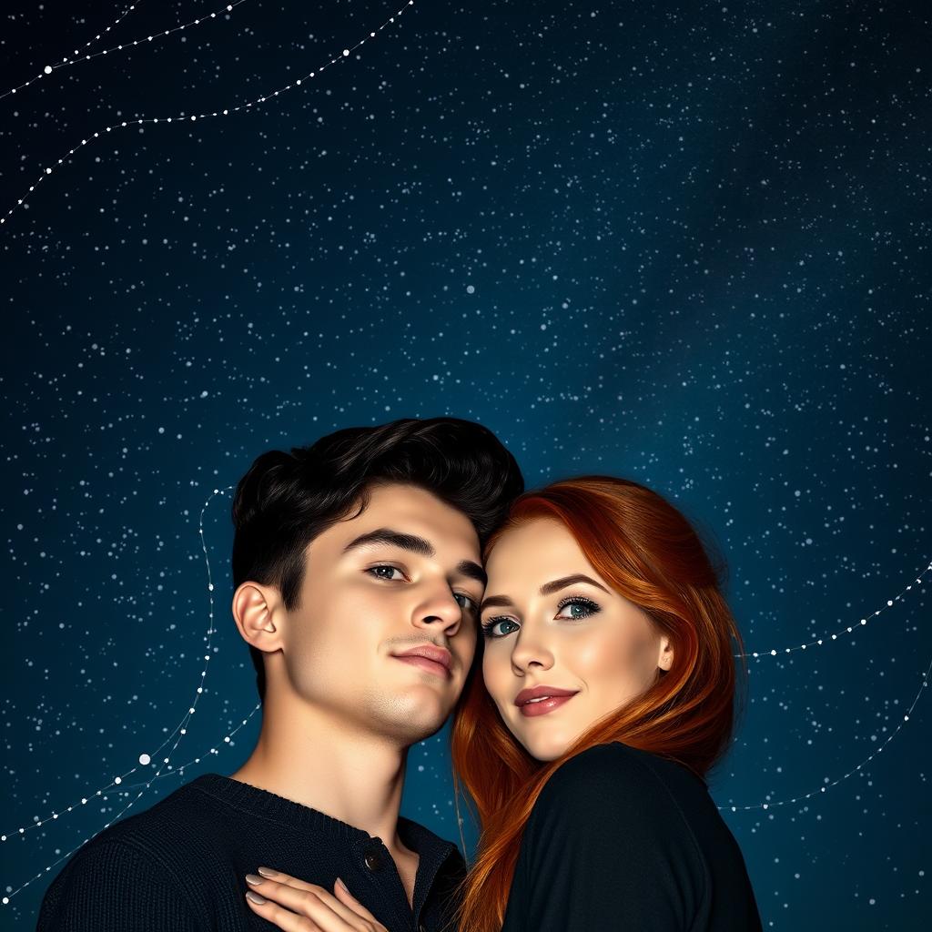 Realistic depiction of a starry night sky serving as a background, featuring two young lovers with their faces close together in the center