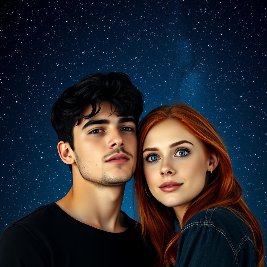 Realistic depiction of a starry night sky serving as a background, featuring two young lovers with their faces close together in the center