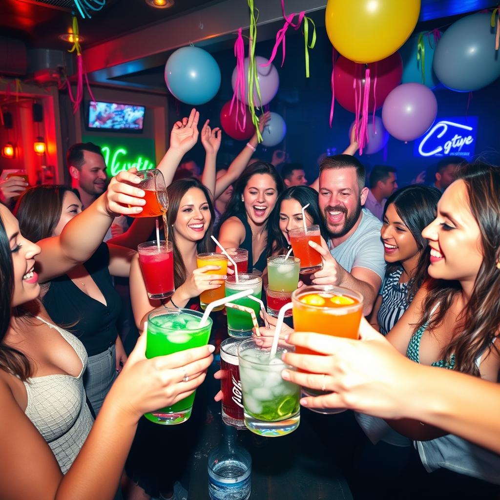 A vibrant and lively party scene with people celebrating with freely flowing drinks, colorful cocktails being poured into glasses, and a joyful atmosphere