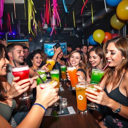 A vibrant and lively party scene with people celebrating with freely flowing drinks, colorful cocktails being poured into glasses, and a joyful atmosphere