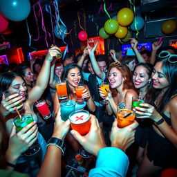 A vibrant and lively party scene with people celebrating with freely flowing drinks, colorful cocktails being poured into glasses, and a joyful atmosphere